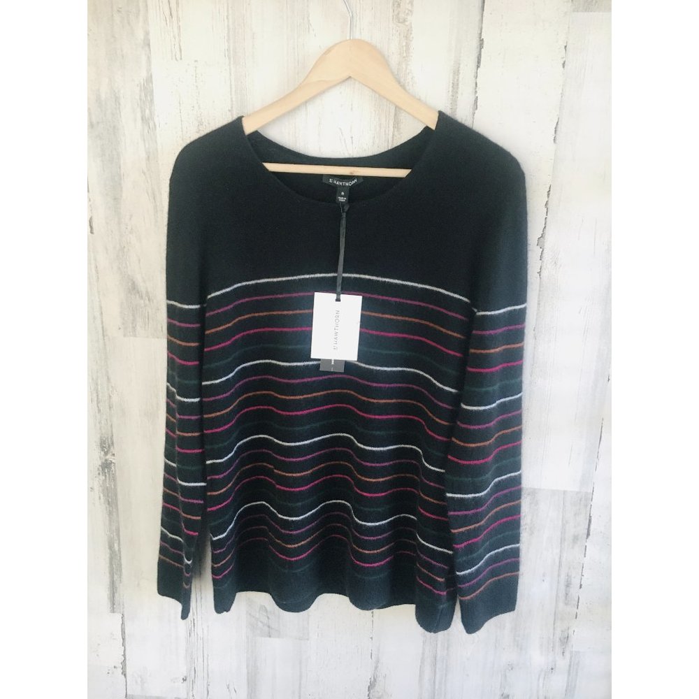 NWT 41Hawthorn 100% Cashmere Rella Cashmere Sweater Black Striped Casual XL